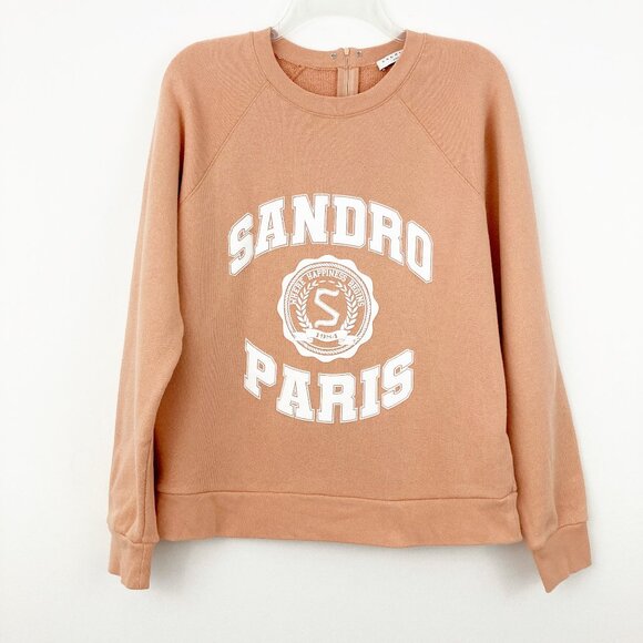 Sandro Blason Sweatshirt Size 2 or US 6 Apricot Crewneck Cotton Raglan Sleeve - Picture 2 of 10